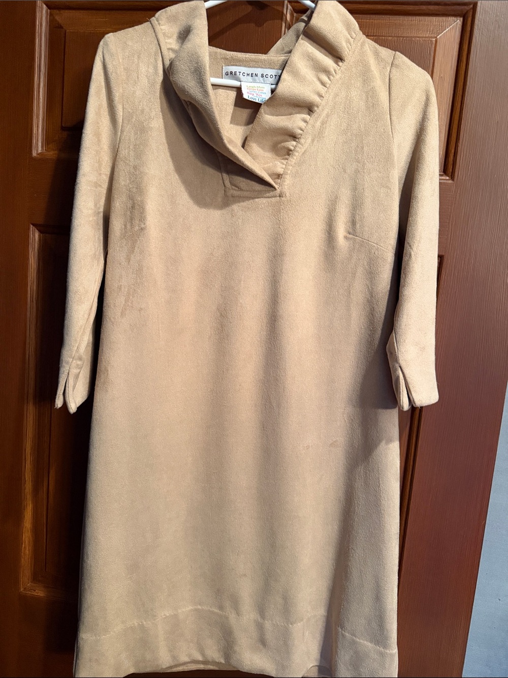 Gretchen Scott Designs Tan Ponte Shift Dress with Funnel Collar